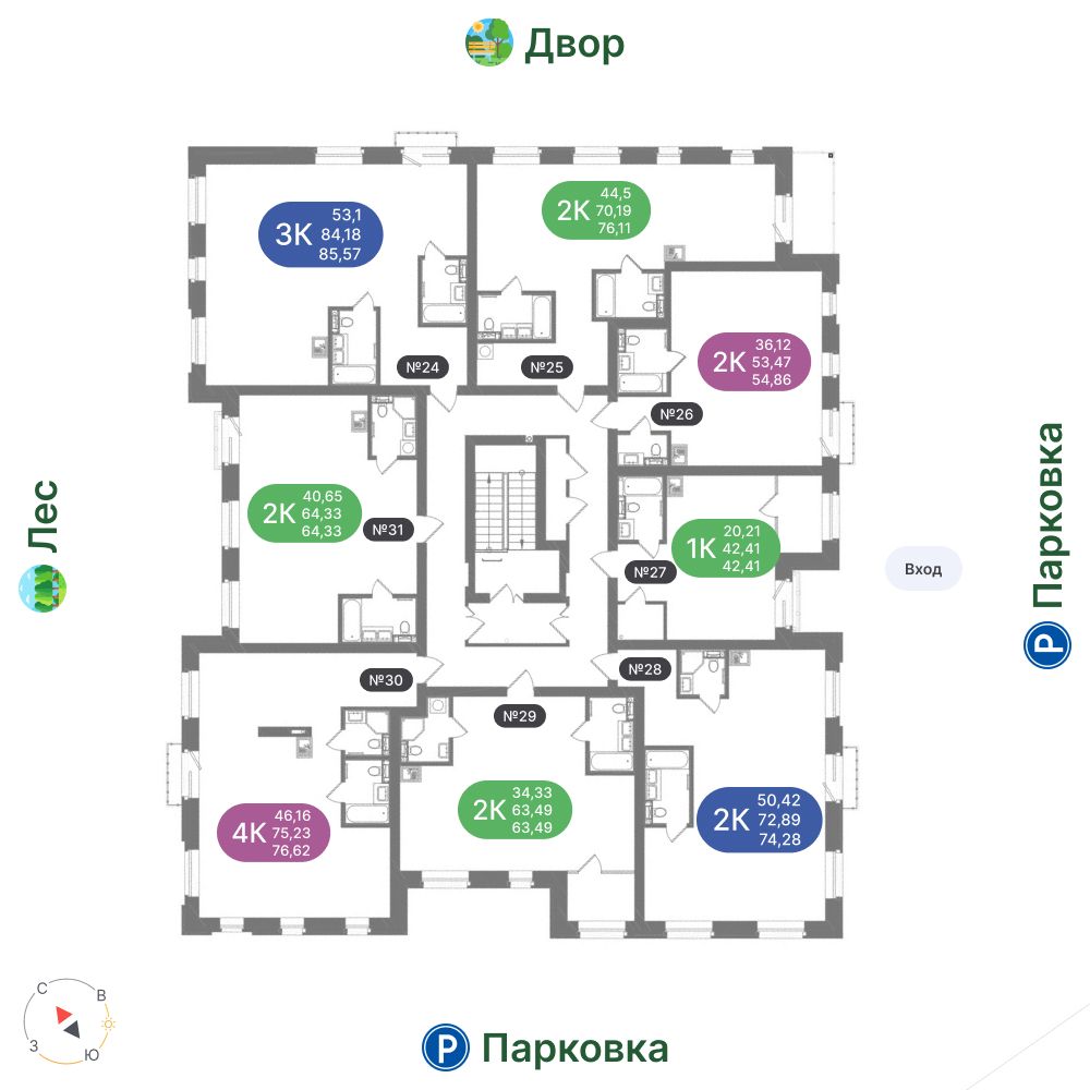 2-комнатная квартира, 72,89 м²
